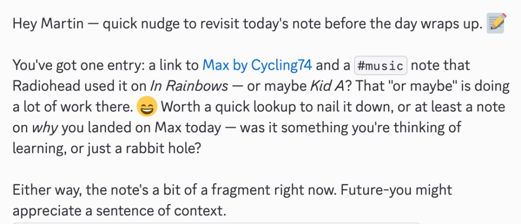 The Martin Bot nudging me to clean up my daily note.